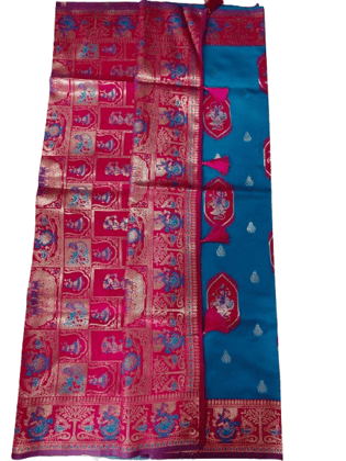 Magenta & Teal Silk Saree with Zari Weave & Tassels