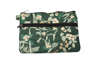 Dark Green Floral Zippered Pouch Multipurpose Cosmetic Bag