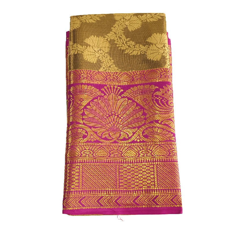 Golden Bronze Imitation Pattu Saree with Pink Zari Border