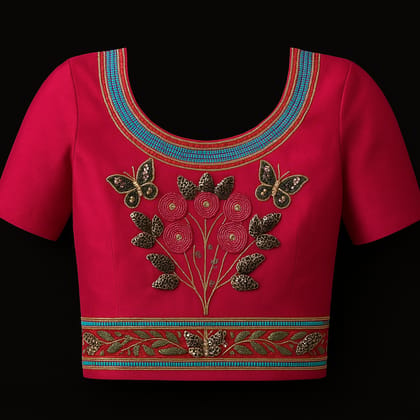 Women's Fuchsia Embroidered Poly Silk Blouse with Butterfly Motif Women's Fuchsia Embroidered Poly Silk Blouse with Butterfly Motif