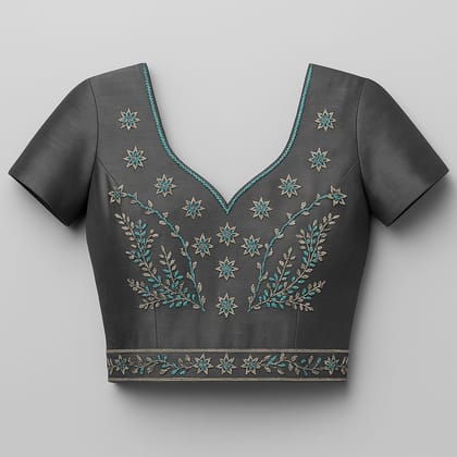 Elegant Dark Grey Silk Blouse with Intricate Floral Embroidery Elegant Dark Grey Silk Blouse with Intricate Floral Embroidery