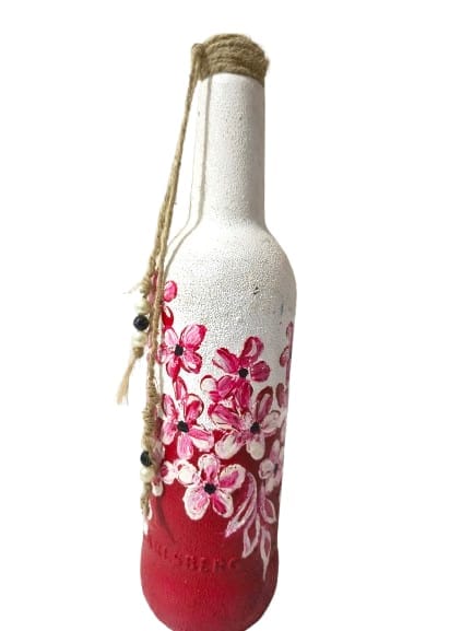Hand-Painted Floral Decorative Glass Bottle with Jute & Beads
