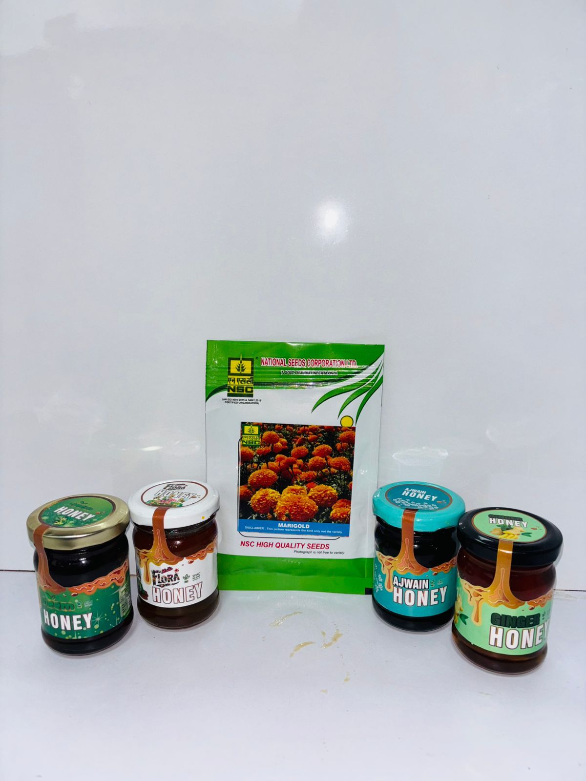 NSC Marigold Seeds 10 gram Free with & Pure Honey Collection Neem Honey, Flora Honey, Ajwain Honey, Ginger Honey 150 gram  each