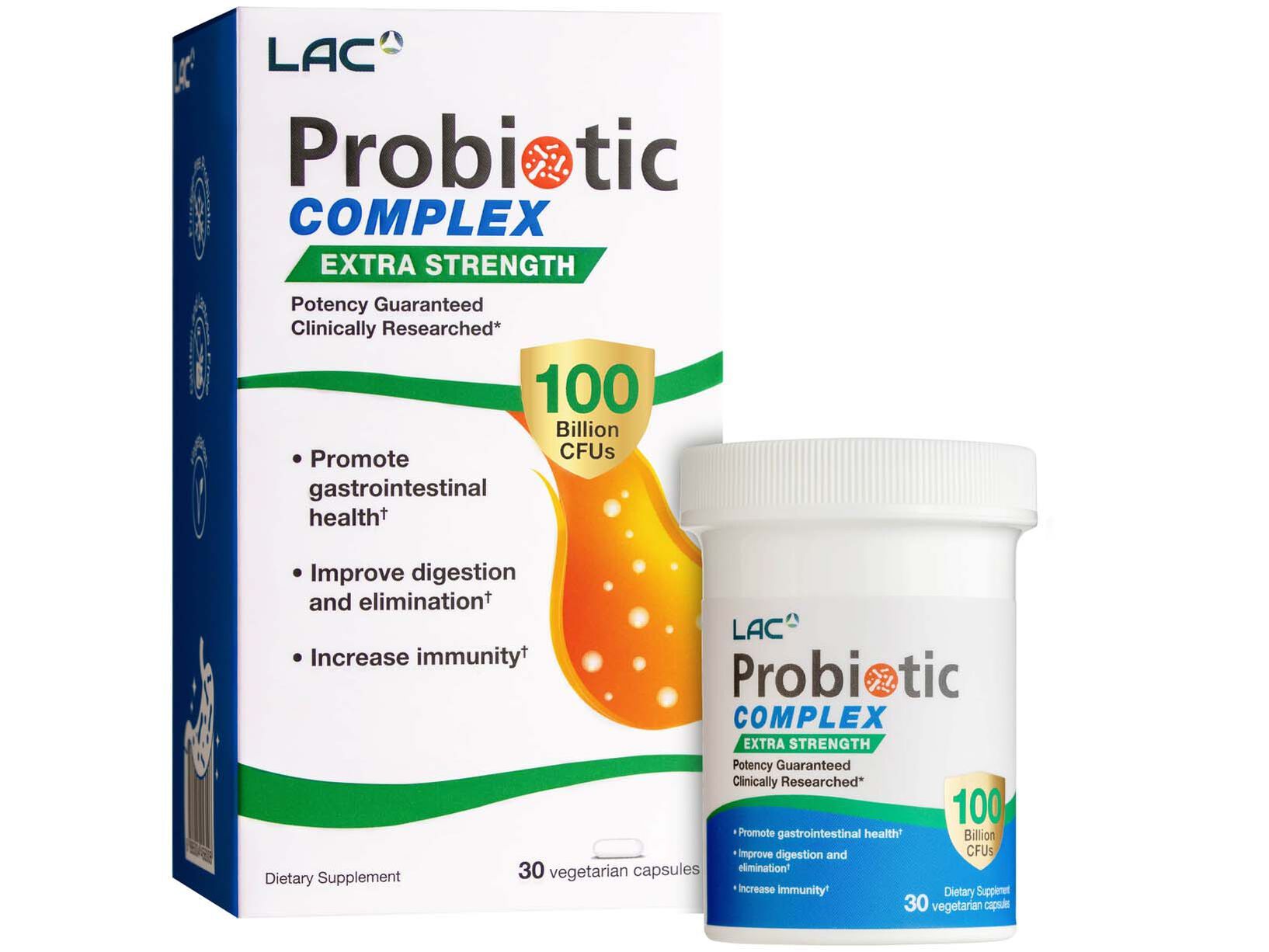  LAC Probiotic Complex 100 Billion CFU | Guaranteed Potency, Live Cultures without Refrigeration | 14 Strains of Friendly Bacteria for Skin & Gut Health (30 vegetarian capsules)