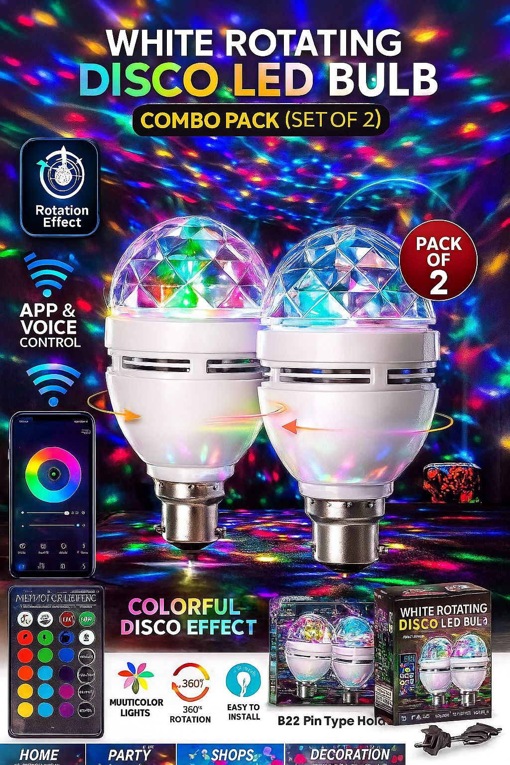 White Rotating Disco LED Bulb Combo Pack (Set of 2) with App & Voice Control