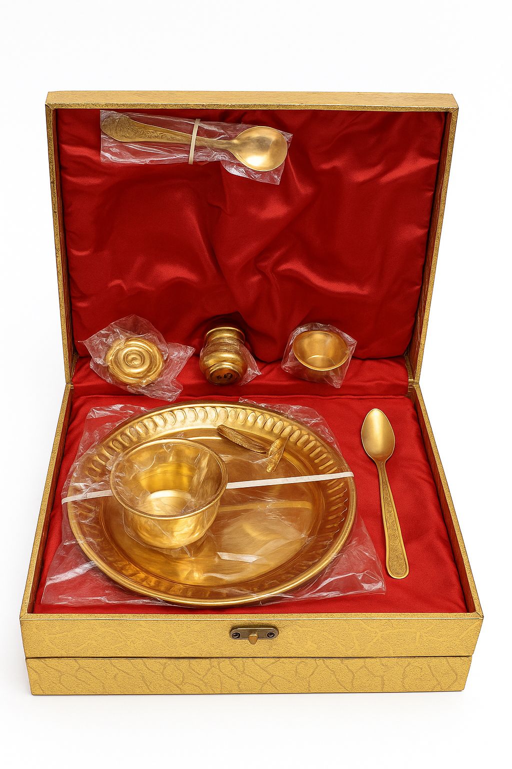 Traditional Brass Pooja Thali Set with 7 Pieces in Gift Box