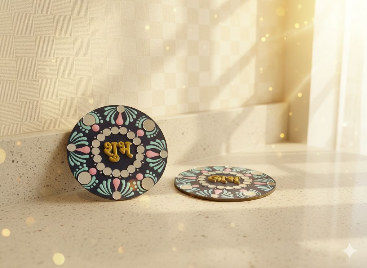 Handcrafted 'Shubh' Mandala Decorative Coasters with Mirror Work, Set of 2