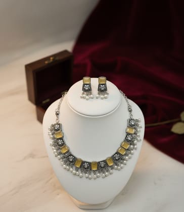 Golden Stone Designer German Silver Jewellery Set