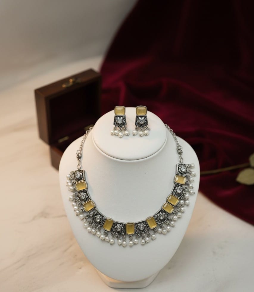 Golden Stone Designer German Silver Jewellery Set