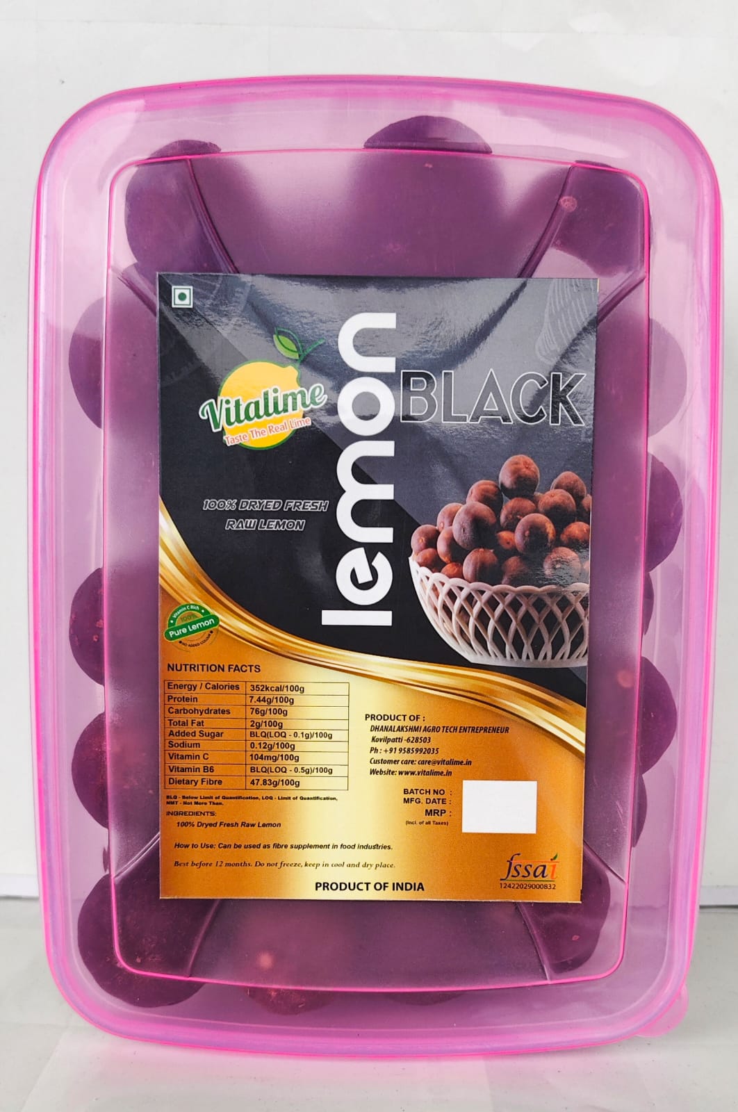 Vitalime Black Lemon 100% Dried Fresh Raw Lemon - 500g
