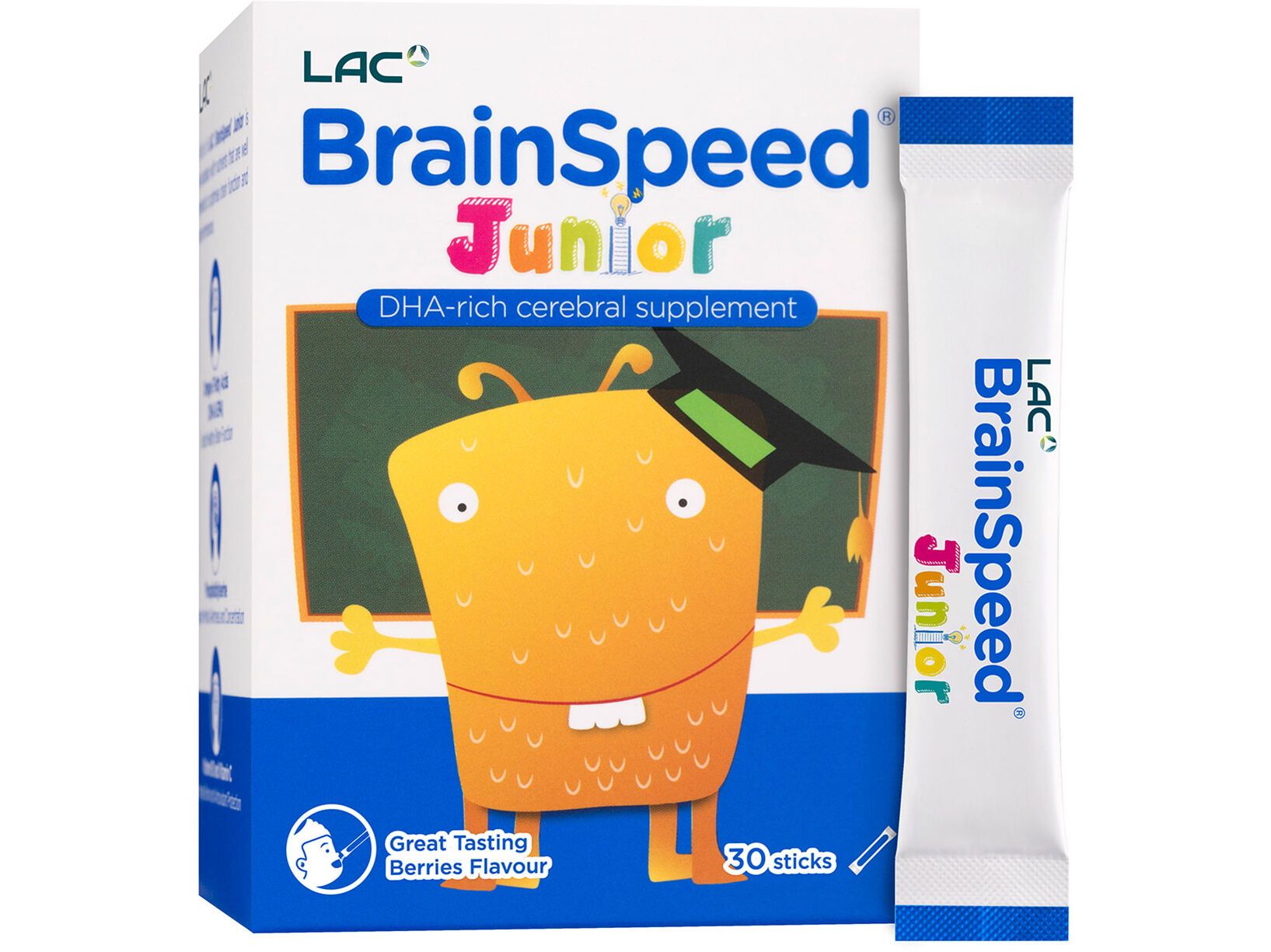 LAC BrainSpeed Junior for Kids | Fish Oil DHA Phosphatidylserine Berry Flavour Melt-In Mouth Powder for Healthy Brain Development, 30 Sticks