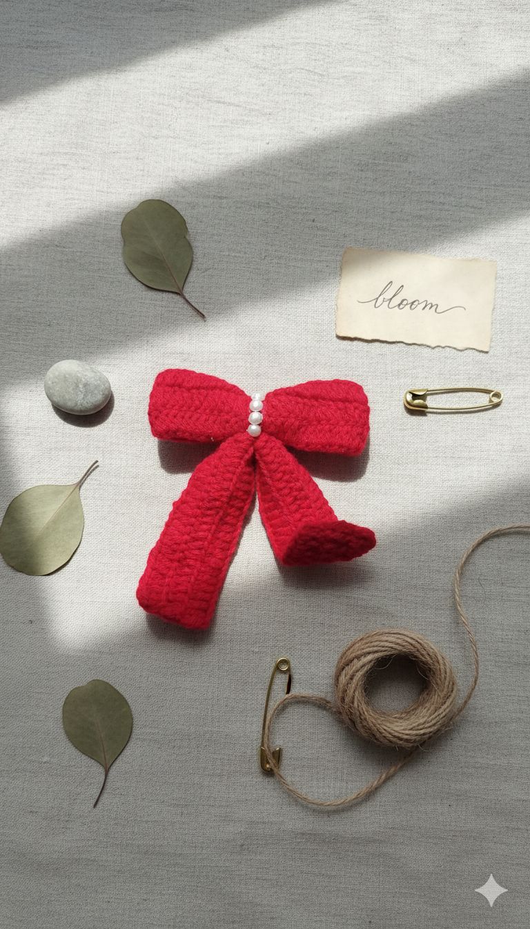 Handmade Maroon Crocheted Bow with Pearl Embellishments