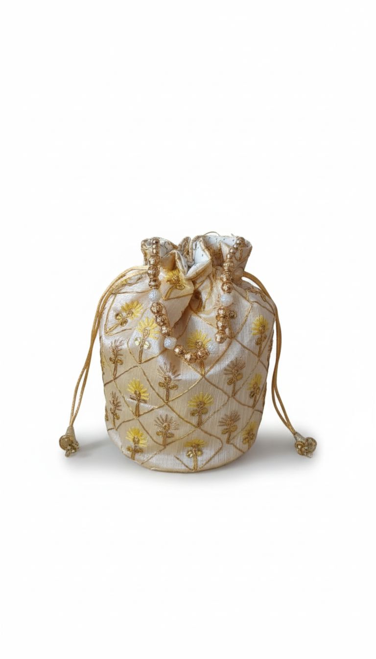 Embroidered Cream & Gold Potli Bag
