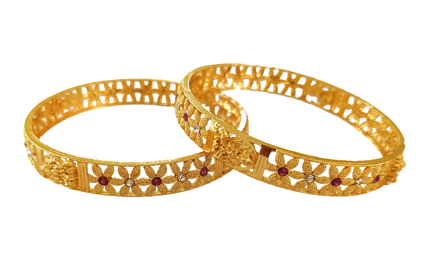 Elegant Gold-Toned Floral Cutwork Bangles with Ruby & White Stones