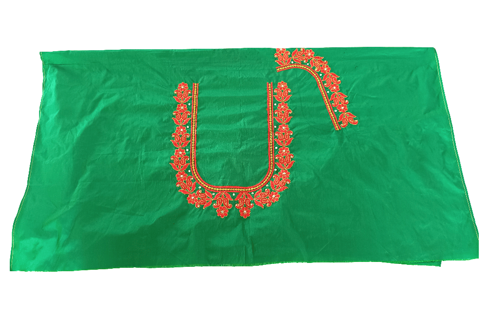 Vibrant Green Embroidered Blouse Piece Fabric Unstitched with Red and Gold Work