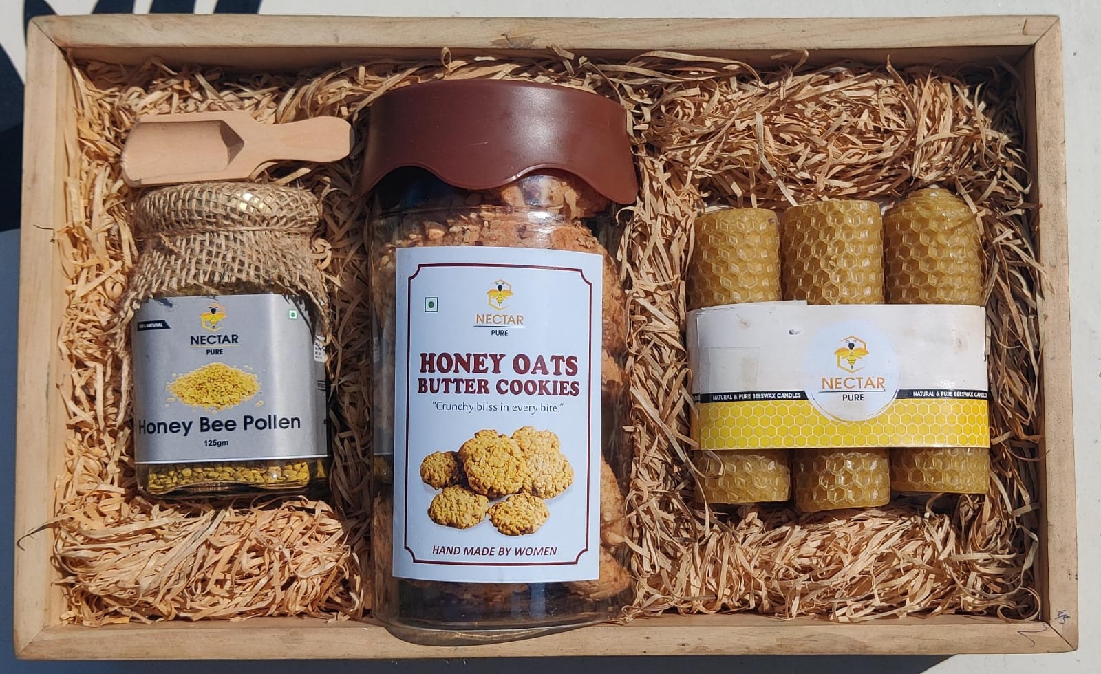 Nectar Pure Natural Gift Set: Honey with almonds n cashews, Handmade Cookies & Beeswax Candles From Aryahi