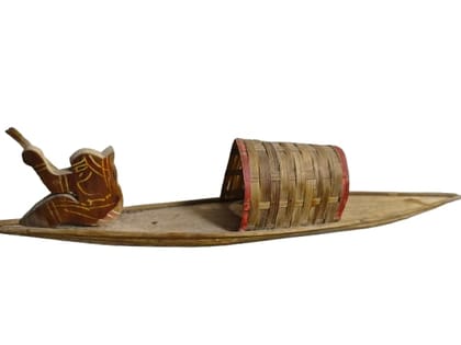 Handcrafted Wooden Kashmiri Shikara Boat with Rower Figurine