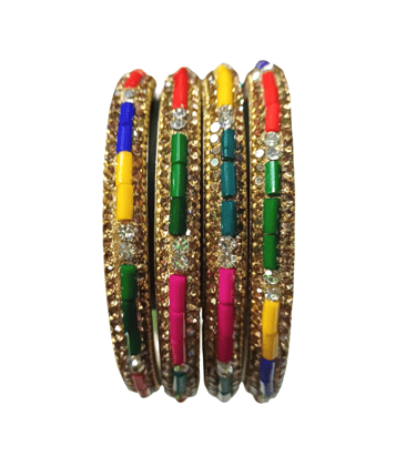 Ethnic Gold-Plated Multicolor Beaded & Stone Studded Bangle Set of 4 for Women