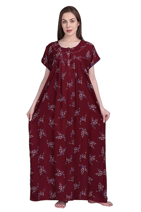 Women's Floral Printed Maroon Cotton Blend Nighty/Mother Feed Nighty Nandyal