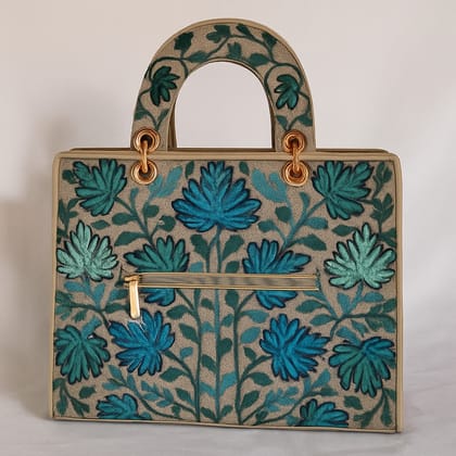 Elegant Embroidered Beige Handbag with Blue & Teal Floral Design