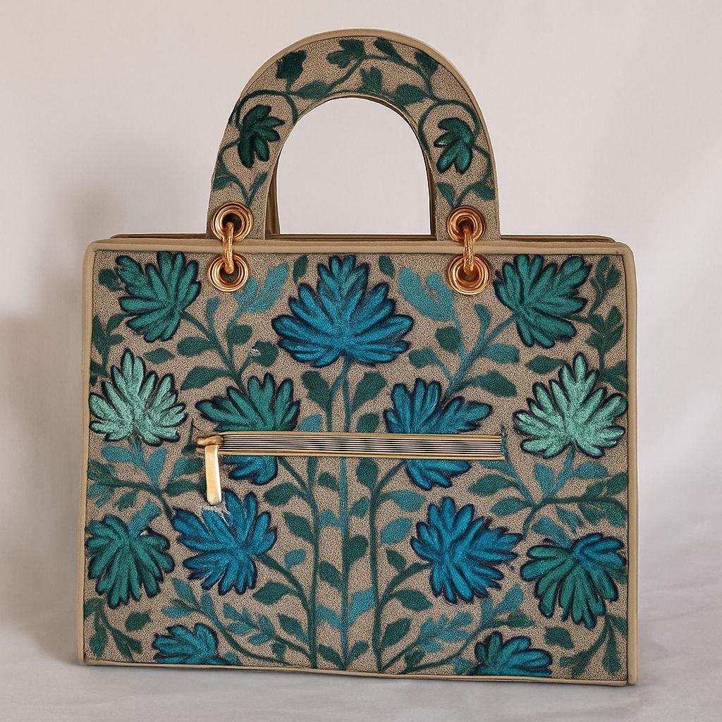 Elegant Embroidered Beige Handbag with Blue & Teal Floral Design