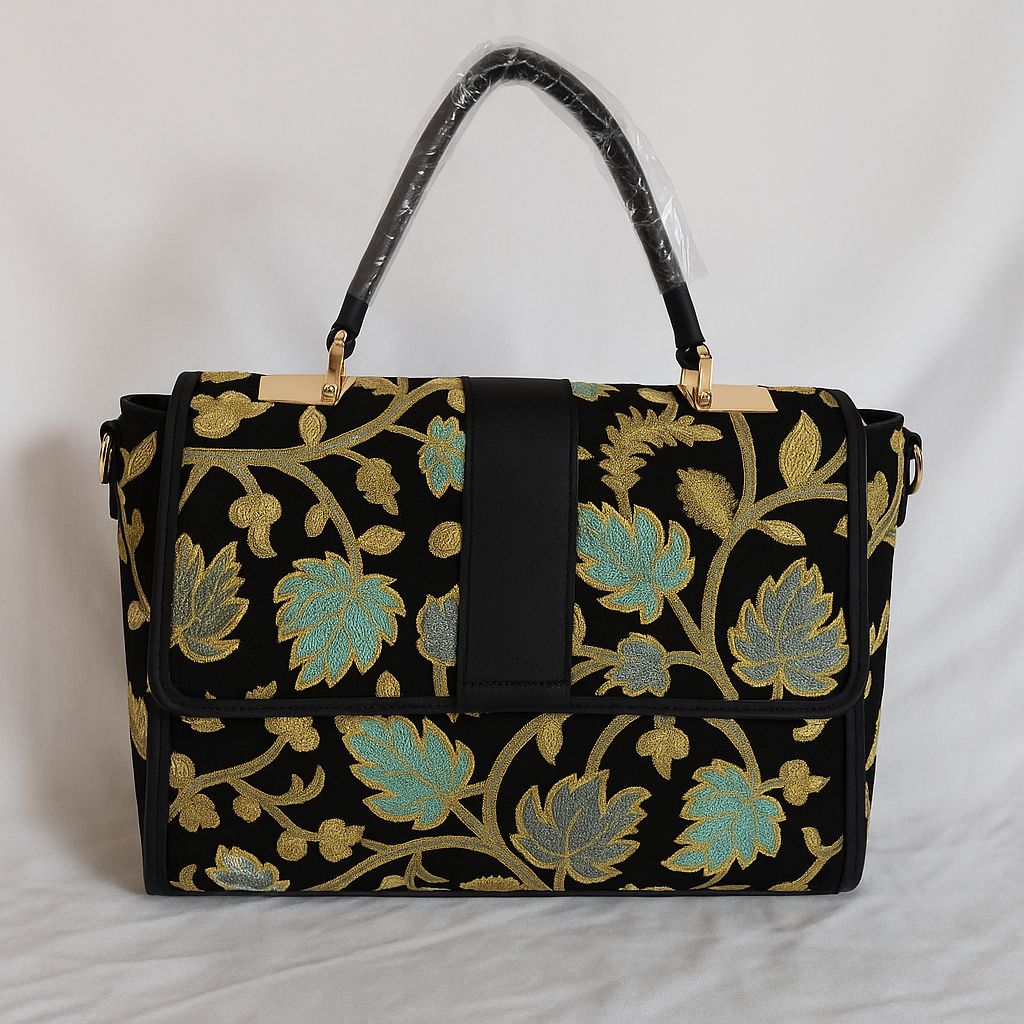 Elegant Black Floral Embroidered Handbag with Golden Accents