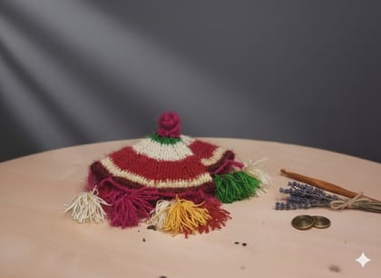 Handmade Knitted Wool Cap with Tassels - Colorful Winter Hat Handmade Knitted Wool Cap with Tassels - Colorful Winter Hat