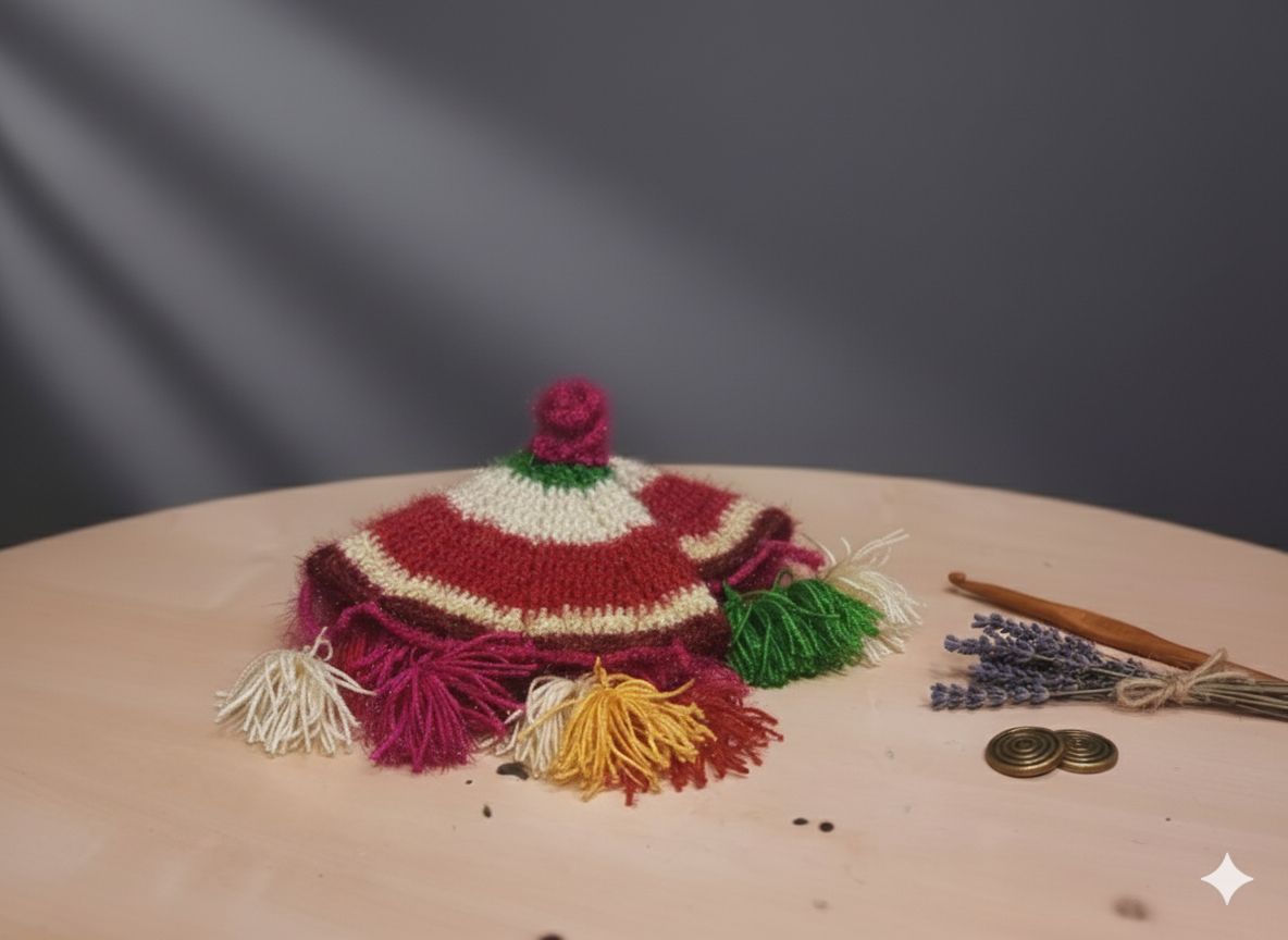 Handmade Knitted Wool Cap with Tassels - Colorful Winter Hat