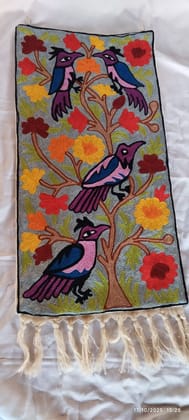 Hand-Embroidered Birds and Floral Wall Hanging Runner with Tassels