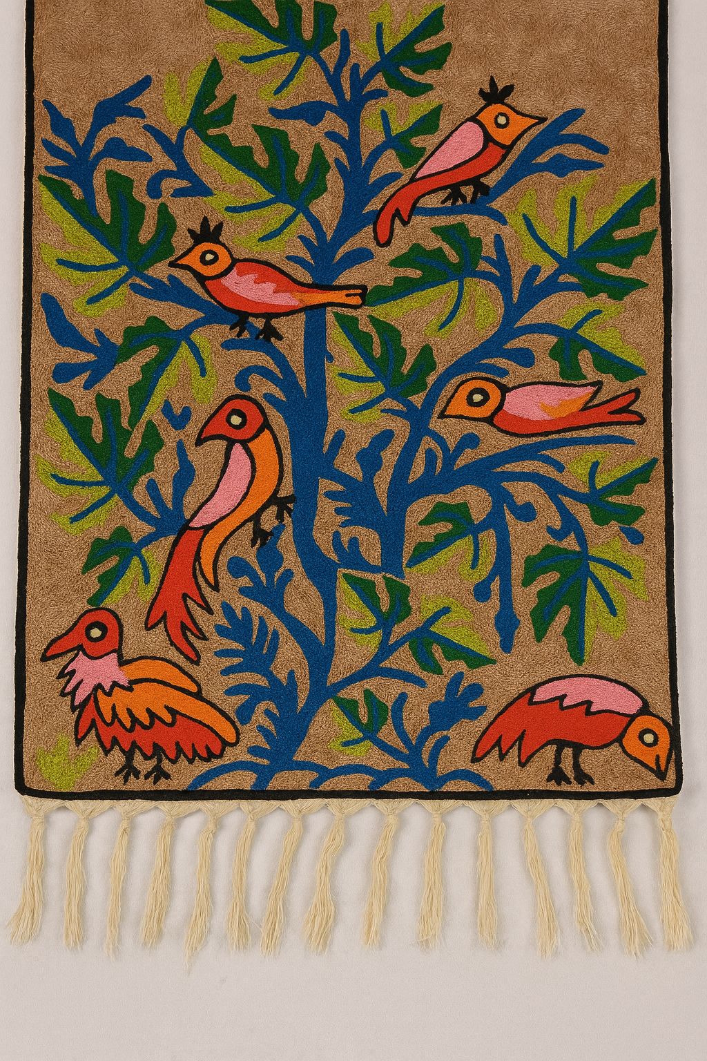 Hand-Embroidered Bird and Tree Wall Hanging with Fringe