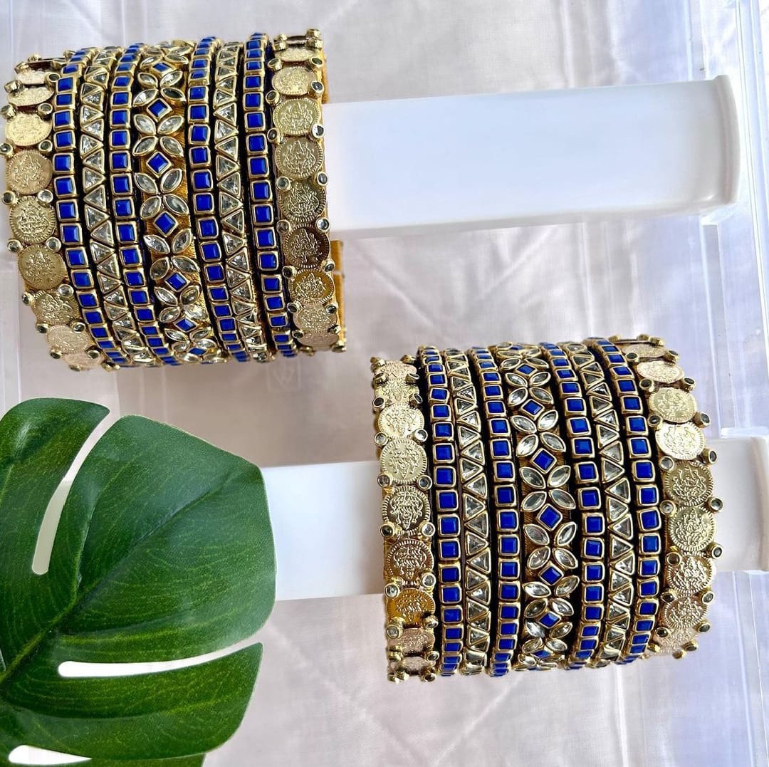 Gold Plated Royal Blue Kundan & Coin Work Bangle Set for Women