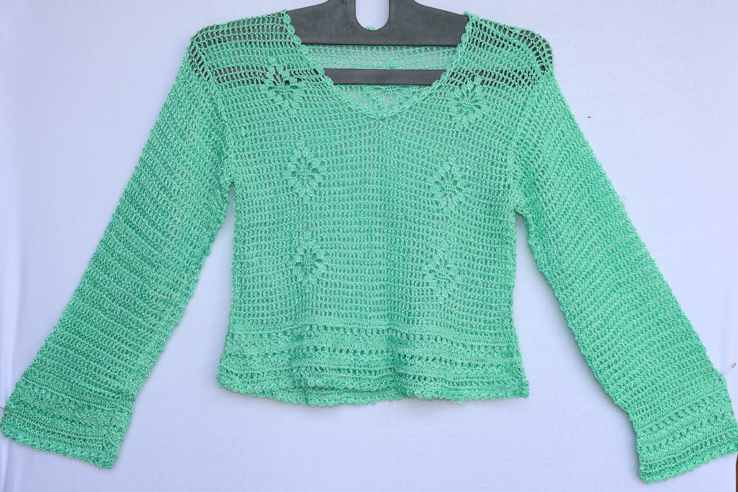 Mint Green Handcrafted Crochet Knit V-Neck Full Sleeve Top for Women
