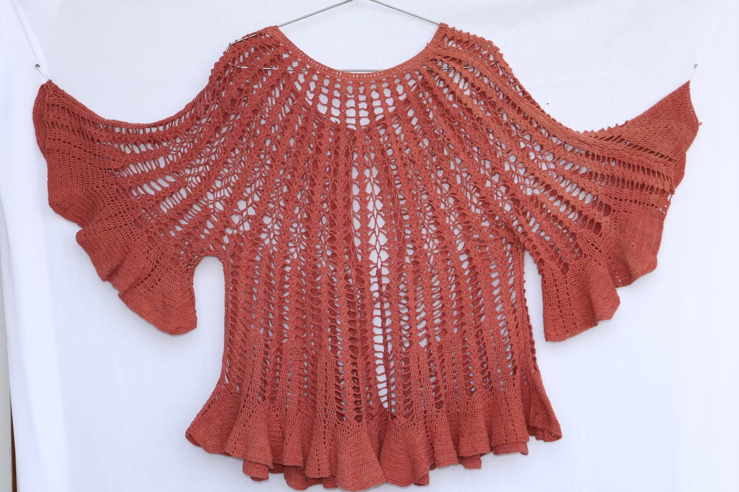 Crocheted Open Knit Terracotta Blouse with Bell Sleeves