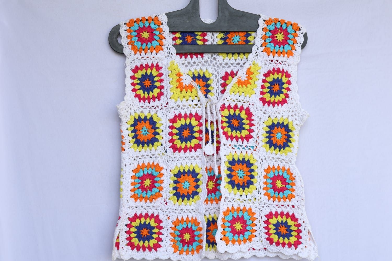 Women's Multi-Color Crocheted Granny Square V-Neck Sleeveless Vest