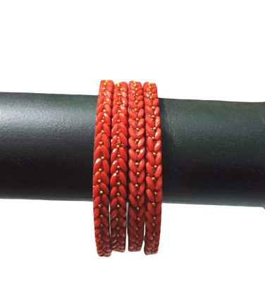 Vibrant Red Beaded Silver-Toned Metal Bangle Set for Women