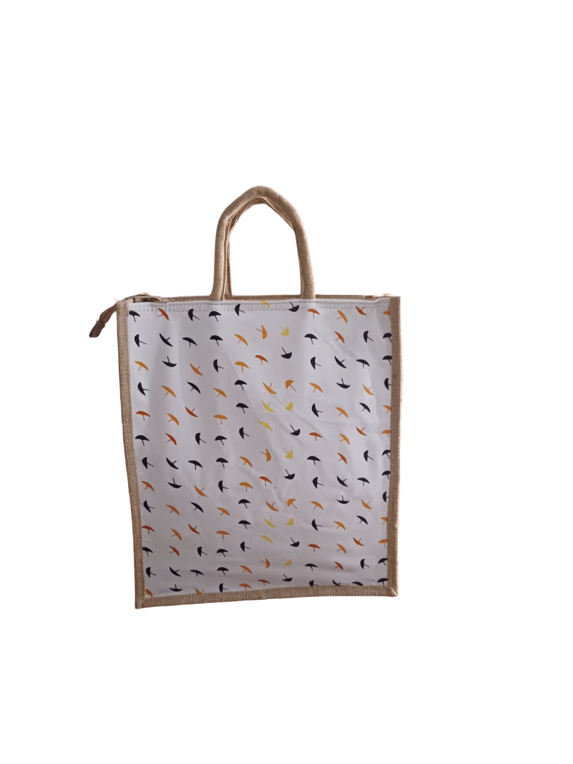 Umbrella Print Reusable Jute & Cotton Blend Tote Bag with Zipper