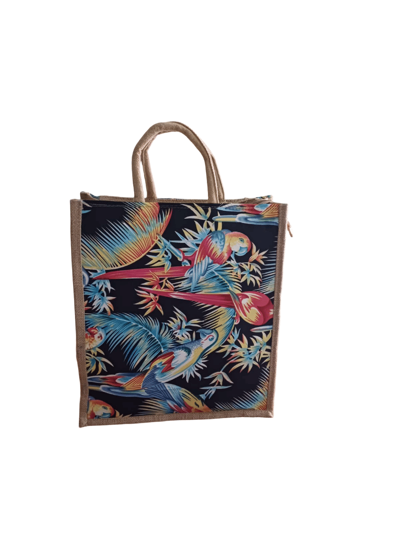 Tropical Parrot Print Jute & Fabric Eco-Friendly Tote Bag
