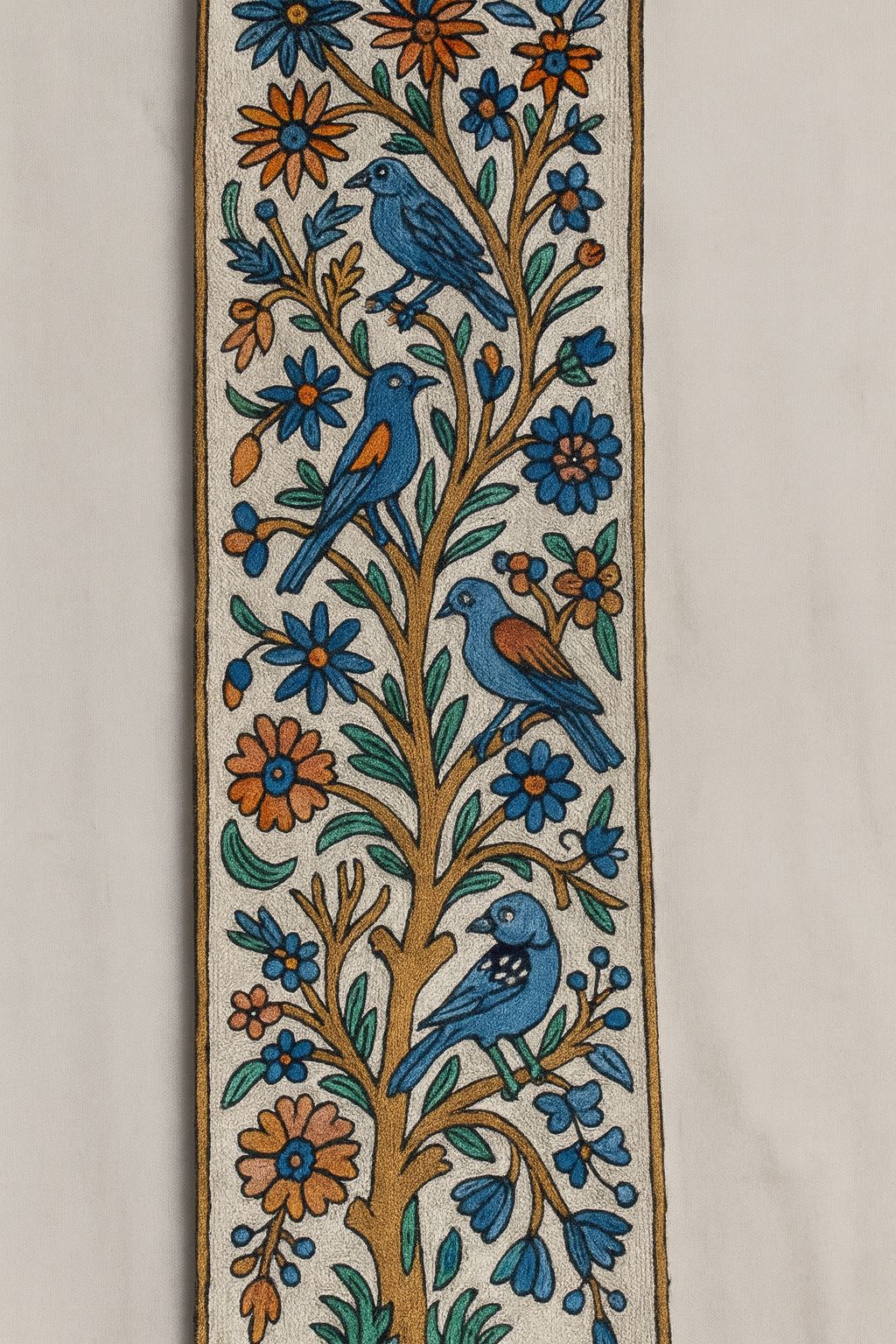 Handcrafted Embroidered Bird & Floral Tree of Life Textile Runner Wall Hanging