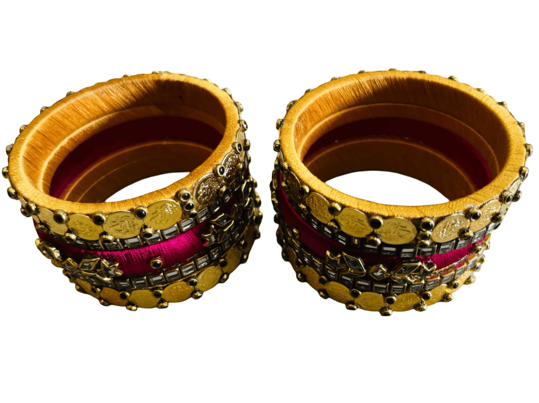 Ethnic Golden & Pink Thread Work Bangle Set with Coin & Mirror Embellishments