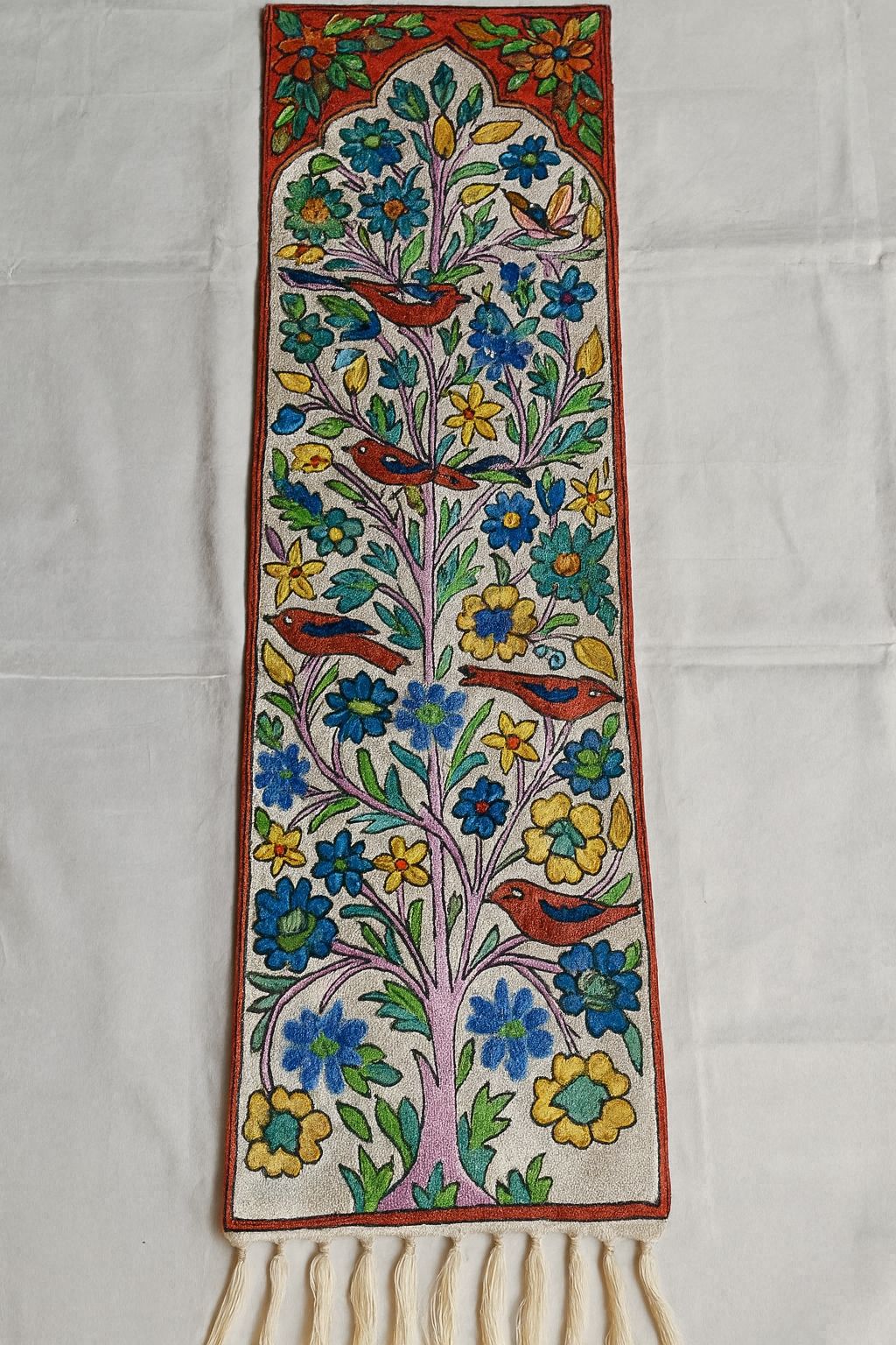 Hand-Embroidered Tree of Life Bird Floral Textile Table Runner Wall Hanging