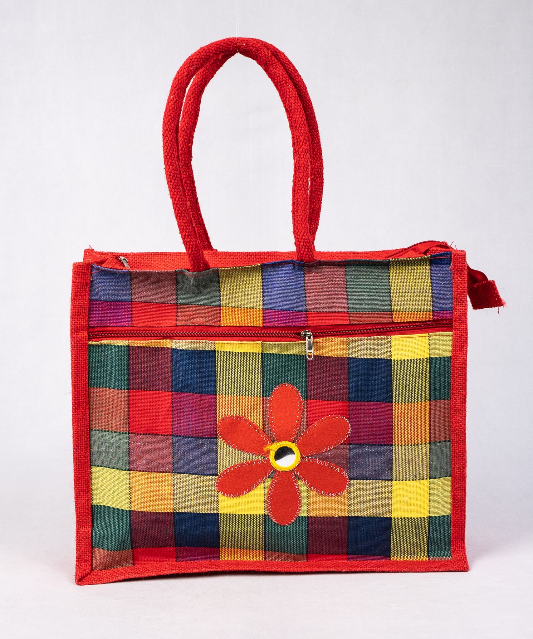 Vibrant Plaid Multicolored Jute Tote Bag with Floral Applique & Zipper