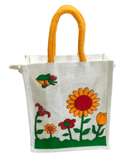 Eco-Friendly Jute Bag with Floral Print and Yellow Handles (Small)