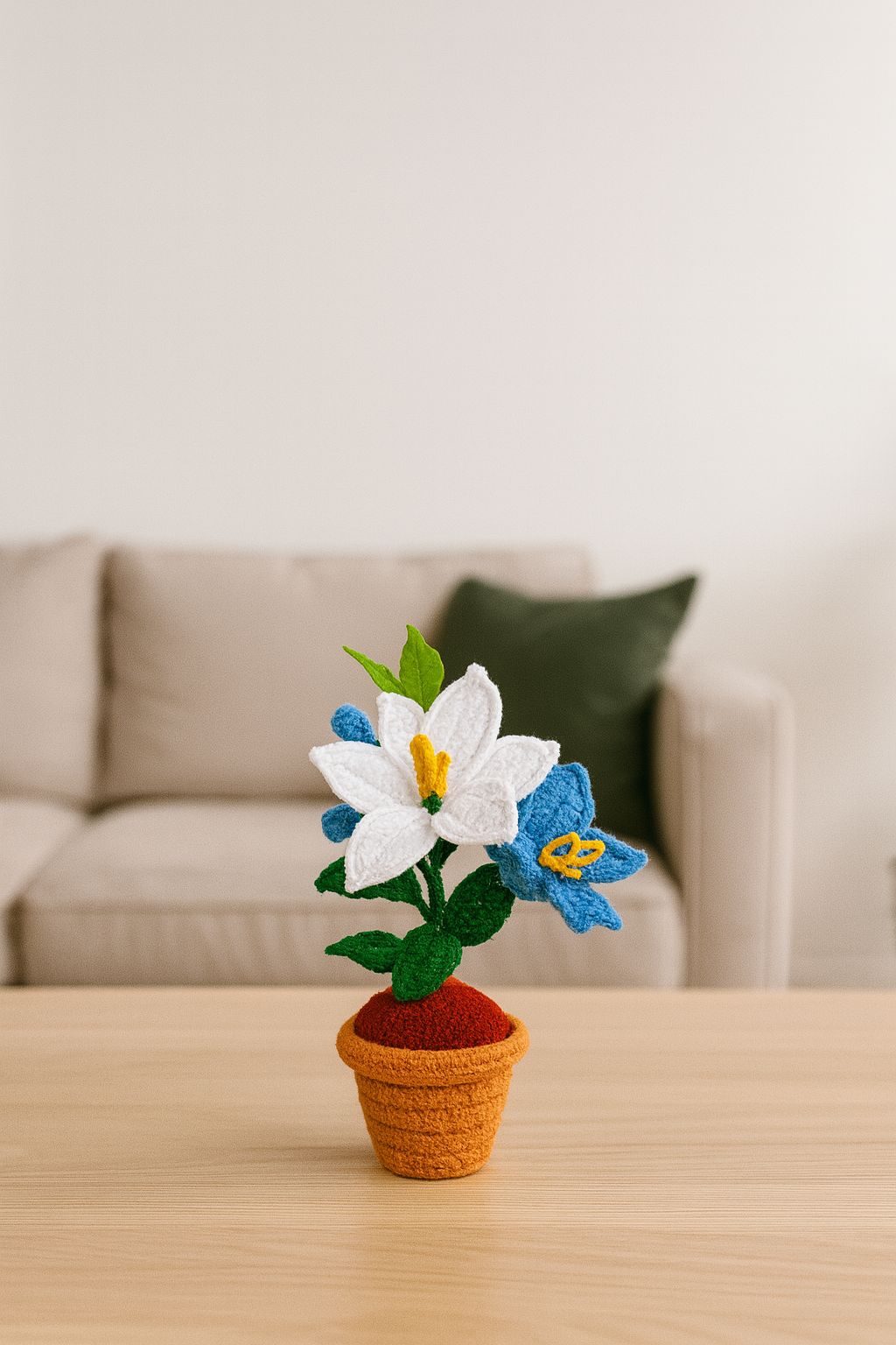 Handmade Crocheted Potted Flowers - White and Blue Floral Decor