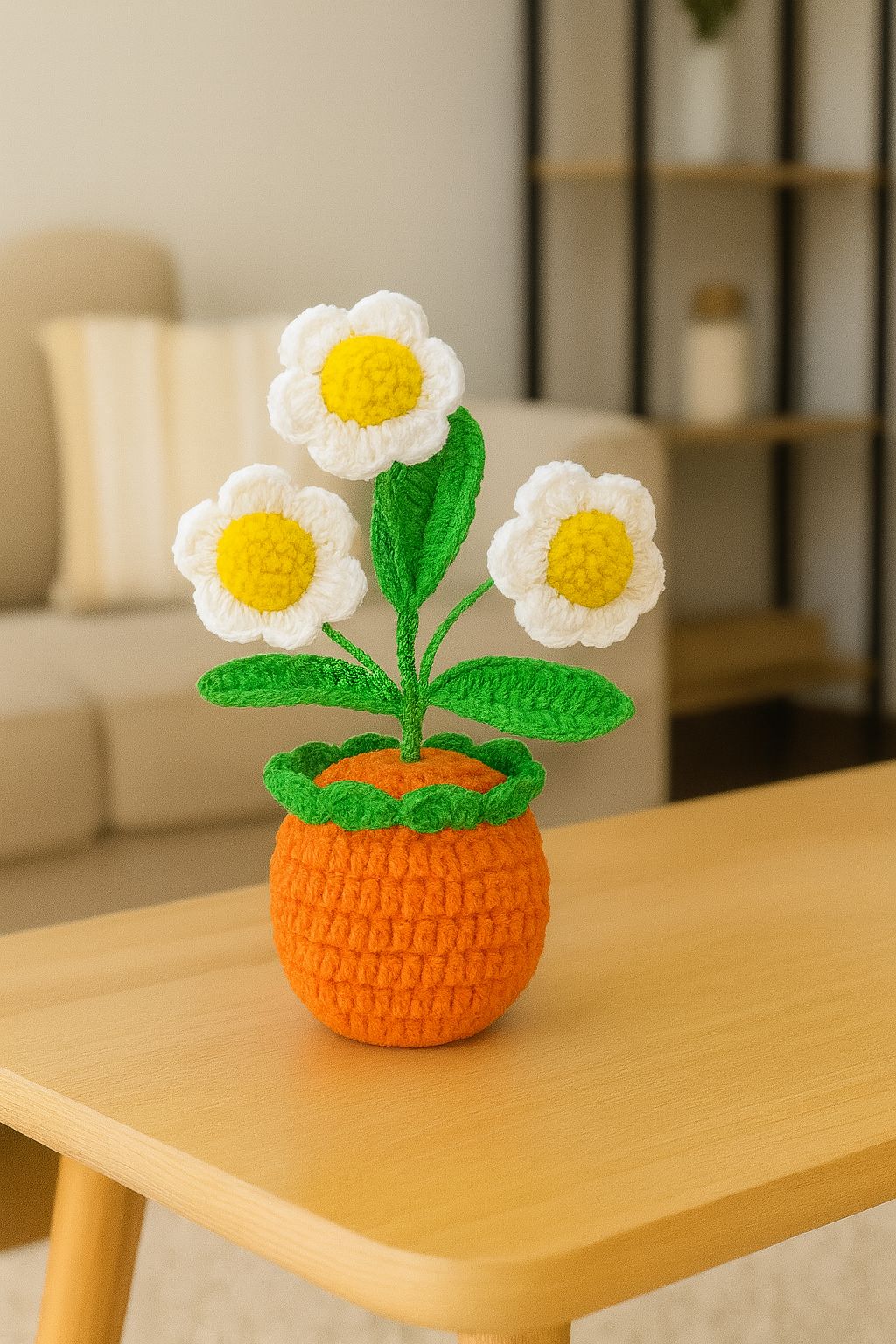 Handmade Crocheted Daisy Flower Pot Home Decor - Everlasting Floral Display