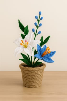 Handmade Crocheted Artificial Flower Arrangement in Jute Pot Handmade Crocheted Artificial Flower Arrangement in Jute Pot