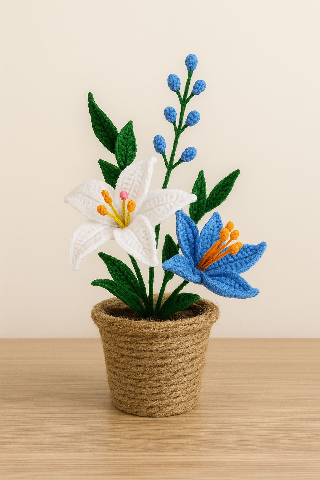 Handmade Crocheted Artificial Flower Arrangement in Jute Pot