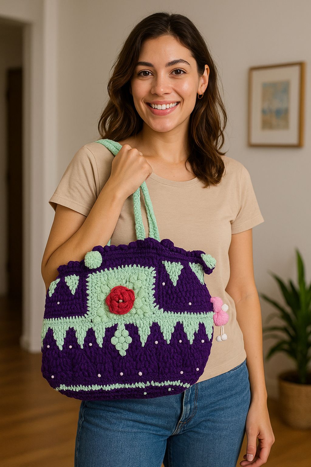 Handmade Purple Mint Green Crochet Tote Bag with Pearl & Floral Accents