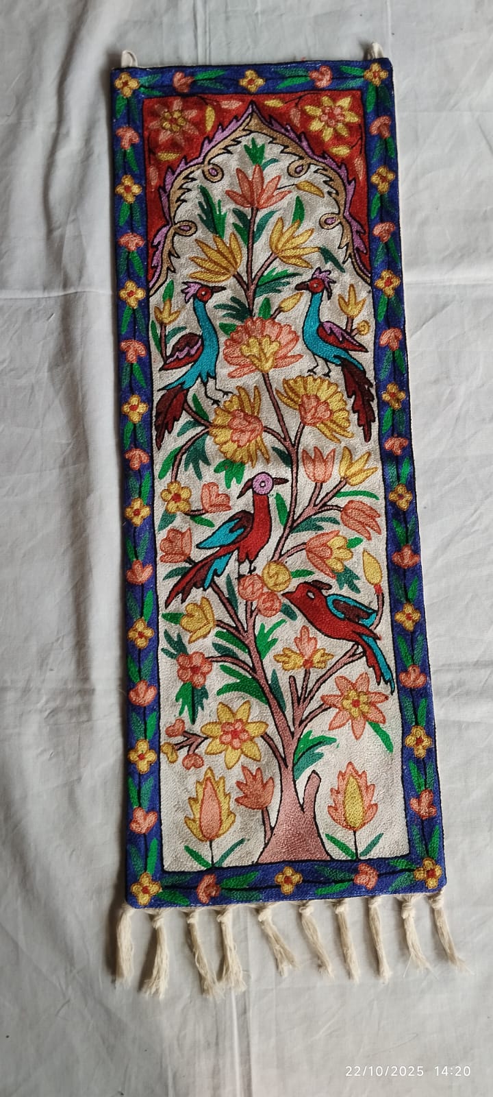 Hand-Embroidered Bird & Floral Design Wall Hanging / Table Runner