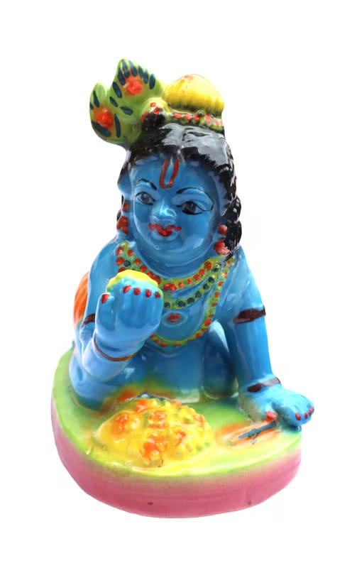 Blue Bal Krishna Ceramic Idol with Laddoo for Home Decor