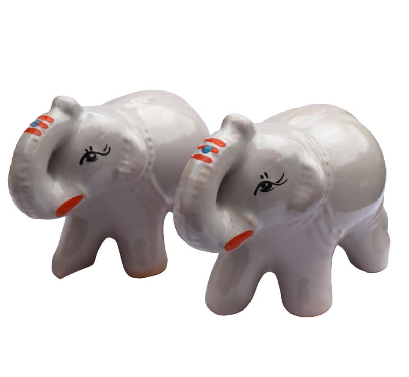 Ceramic Elephant Figurines Pair - Beige Decorative Showpiece for Home Decor